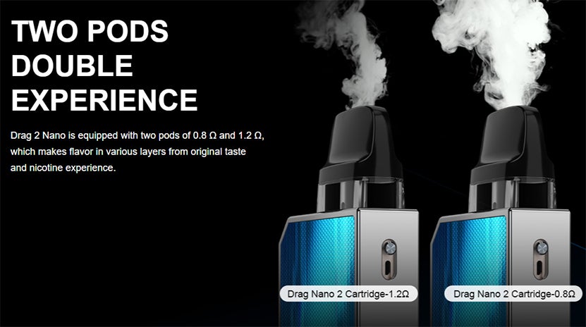 Image showing the 1.2 ohm and 0.8 ohm Voopoo Drag Nano 2 replacement pods compatible with the device